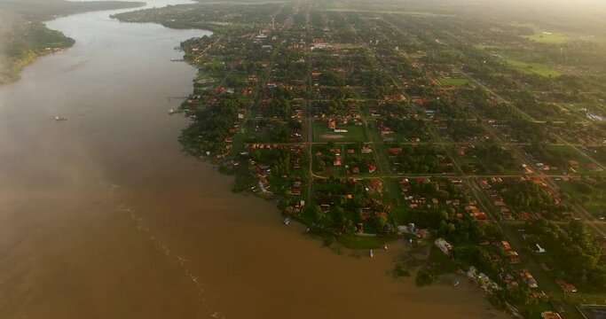 Aerial view with cluds on the foreground, of the city of Soure located on Marajó Island, in the Amazon rainforest, Pará state, Brazil