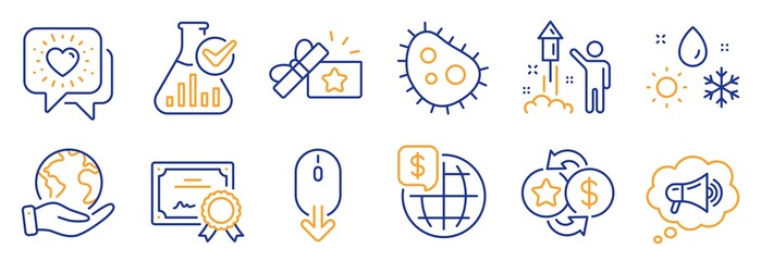 Set of Business icons, such as World money, Bacteria. Certificate, save planet. Scroll down, Loyalty points, Loyalty gift. Friends chat, Chemistry lab, Weather. Megaphone, Fireworks line icons. Vector