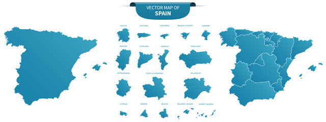 blue colored political maps of Spain isolated on white background