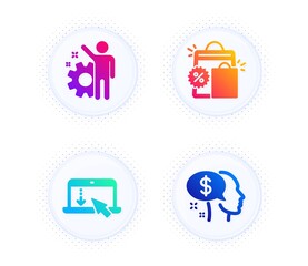 Scroll down, Shopping bags and Employee icons simple set. Button with halftone dots. Pay sign. Landing page, Sale discount, Cogwheel. Beggar. Business set. Gradient flat scroll down icon. Vector