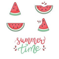 Bright vector set of colorful half, slice and whole of juice watermelon. Fresh cartoon berry isolated on white background.