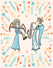 Vector greeting card with angels couple playing on trumpets