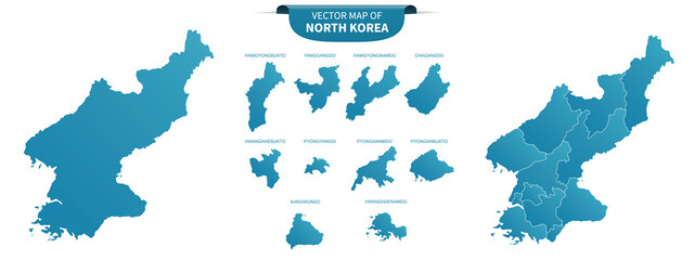 blue colored political maps of North Korea isolated on white background