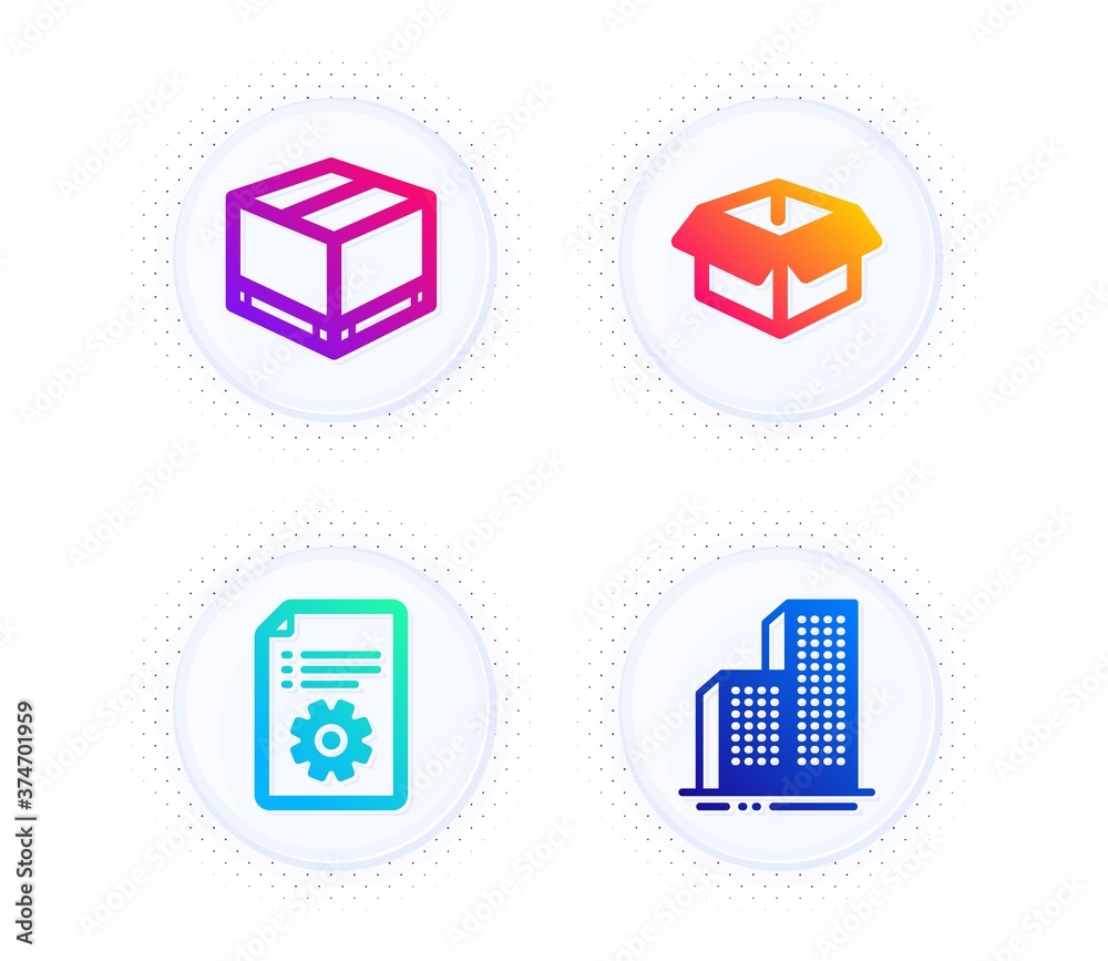 Poster opened box, delivery box and technical documentation icons simple set. button with halftone dots. sk