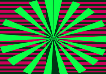 Estampado radial verde sobre fondo de rayas rojas y negras