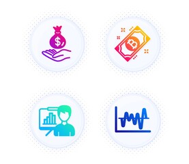 Bitcoin, Income money and Presentation board icons simple set. Button with halftone dots. Stock analysis sign. Cryptocurrency coin, Savings, Growth chart. Business trade. Finance set. Vector