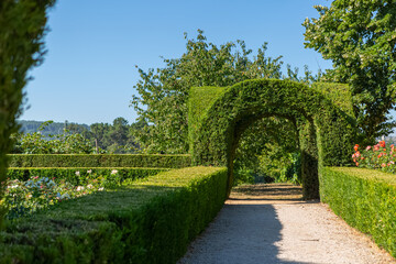 View of a pedestrian path on iconic and geometric classic baroque garden, located inside the Villa de Mateus in Vila Real