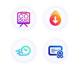 Scroll down, Fast delivery and Vision board icons simple set. Button with halftone dots. Certificate sign. Swipe screen, Stopwatch, Eye check. Verified document. Business set. Vector