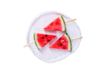 watermelon slices pieces red ripe berry juicy sweet dessert fruit food background top view copy space for text organic eating healthy 