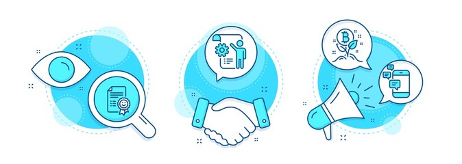 Communication, Bitcoin project and Smile line icons set. Handshake deal, research and promotion complex icons. Settings blueprint sign. Smartphone messages, Cryptocurrency startup, Certificate. Vector