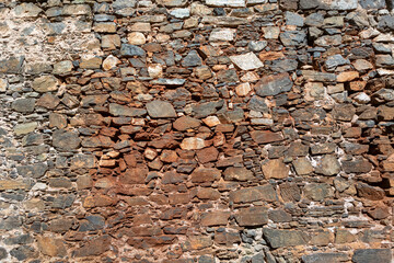 View of a rustic and old schist exterior wall, architectural textures, detailed wall masonry schist