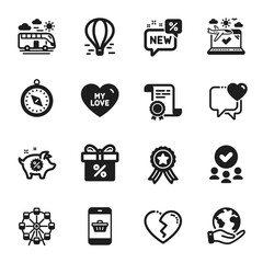 Set of Holidays icons, such as Air balloon, Discount offer. Certificate, approved group, save planet. My love, Ferris wheel, Piggy sale. Travel compass, Heart, Bus travel. Vector