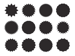 Starburst stickers. Black on white color. Simple flat style Vintage labels, stickers. A collection of different types icon.