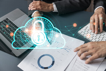 Two businesswomen work together and lock icon drawing. Concept of security information. Multiexposure