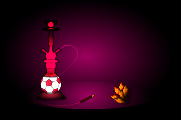 A hookah with smoldering coal and tobacco leaves is prepared for football fans. The lower part of the hookah is made in the shape of a soccer ball.