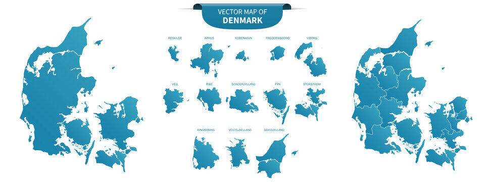 blue colored political maps of Denmark  isolated on white background