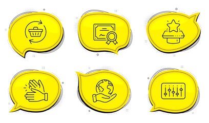 Winner podium sign. Diploma certificate, save planet chat bubbles. Dj controller, Clapping hands and Refresh cart line icons set. Musical device, Clap, Online shopping. First place. Vector