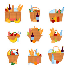 Cartoon Color Picnic Baskets Icon Set. Vector