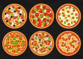 Cartoon Color Different Pizza Icon Set. Vector