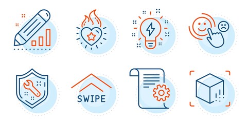 Heart flame, Spanner and Swipe up signs. Technical documentation, Customer satisfaction and Inspiration line icons set. Augmented reality, Edit statistics symbols. Manual, Happy smile. Vector