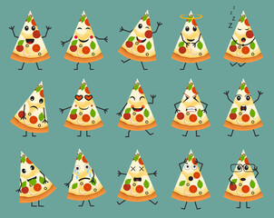 Cartoon Color Pizza Slices Icon Set. Vector