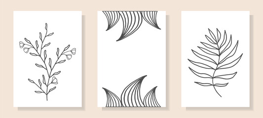 Fototapeta na wymiar Set of black and white mysterious tropical plants and abstract leaves in line art style, hand drawn. Suitable for postcards, posters, stories on social networks.