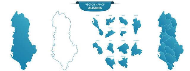 blue colored political maps of Albania isolated on white background - obrazy, fototapety, plakaty