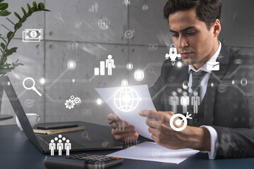 Man in office think and dream datum financial drawing concept. Double exposure.