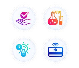 Fototapeta premium Approved, Chemistry lab and Time management icons simple set. Button with halftone dots. Contactless payment sign. Verified symbol, Laboratory, Idea lightbulb. Financial payment. Education set. Vector
