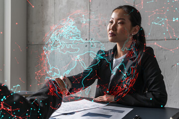 Two woman handshake. World map planet earth hologram. Multiexposure. International business.