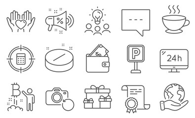 Set of Business icons, such as Surprise boxes, Coffee cup. Diploma, ideas, save planet. Sale megaphone, 24h service, Wallet. Medical tablet, Blog, Parking. Vector