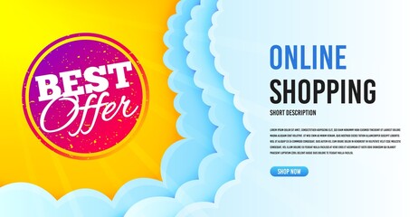 Best offer badge. Clouds banner template. Discount banner shape. Sale coupon bubble icon. Online shopping banner with clouds. Best offer promotion badge. Promotional flyer design. Vector