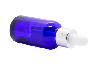 Blue glass dropper serum bottle on white background