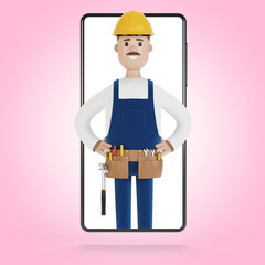 Smartphone screen with wizard. Husband for an hour. Electrician, plumber, carpenter, calling the foreman to work. 3D illustration in cartoon style.