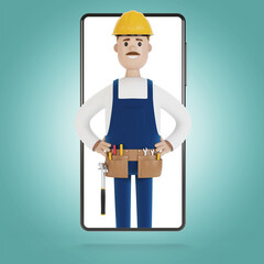 Smartphone screen with wizard. Husband for an hour. Electrician, plumber, carpenter, calling the foreman to work. 3D illustration in cartoon style.