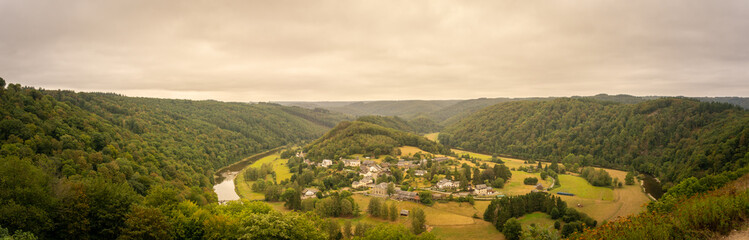 Fototapeta na wymiar Panorama view Frahan valley and Semois river from viewpoint Rochehaut, Bouillon, Wallonia, Belgium