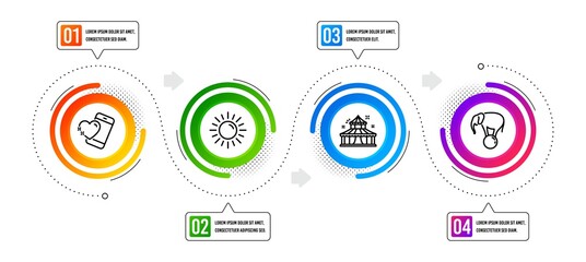 Heart, Elephant on ball and Sun line icons set. Infographic timeline. Circus sign. Love call, Circus show, Summer. Attraction park. Holidays set. Options banner with heart icon. Vector