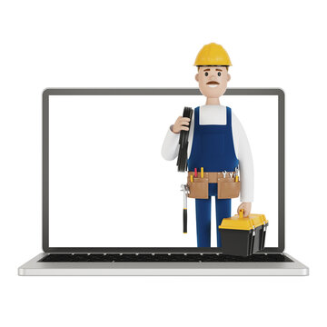 Electrician builder in laptop screen. Husband for an hour. An electrician, plumber, carpenter calls the foreman to work. 3D illustration in cartoon style.