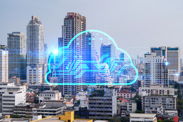 Storage cloud hologram over panorama city view of Bangkok, tech hub in Asia. The concept of developing new approaches to store digital information. Double exposure.