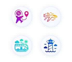 Airplane, Flight sale and Bus travel icons simple set. Button with halftone dots. Lighthouse sign. Plane, Travel discount, Transport. Beacon tower. Transportation set. Vector
