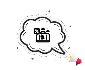 Travel loan percent icon. Quote speech bubble. Trip discount sign. Credit percentage symbol. Quotation marks. Classic travel loan icon. Vector