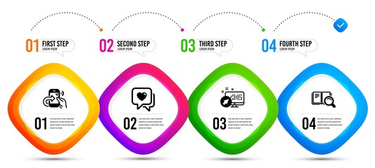 Share call, Heart and Search book icons simple set. Timeline infographic. Web system sign. Phone support, Love chat, Online education. Computer. Business set. Steps banner with share call icon. Vector