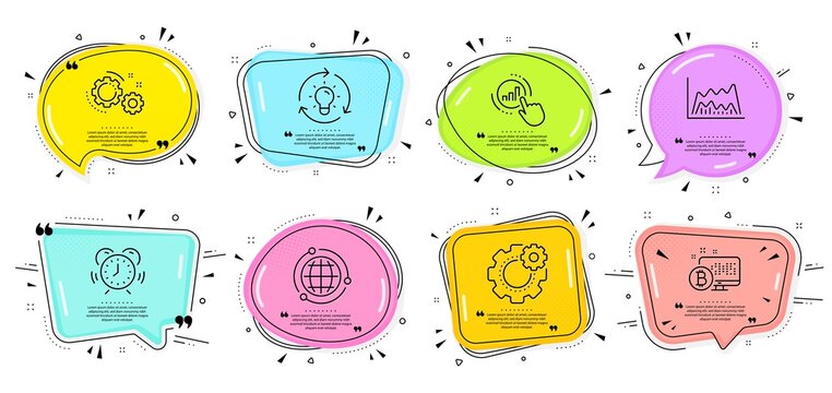 Graph chart, Bitcoin system and Trade chart signs. Speech bubbles with quotes. Globe, Gears and Idea line icons set. Time management, Cogwheel symbols. Internet world, Work process. Vector