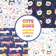 Seamless patterns set with multicolored dogs