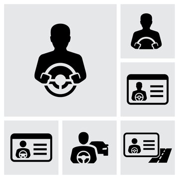 Car Driver License. Person Holding Steering Wheel Vector Icons