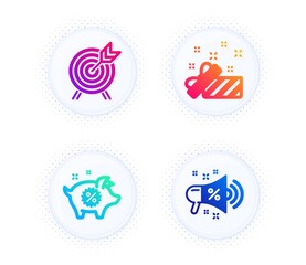 Archery, Present and Piggy sale icons simple set. Button with halftone dots. Sale megaphone sign. Attraction park, Gift, Discounts. Shopping. Holidays set. Gradient flat archery icon. Vector