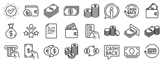 Set of Banking, Wallet and Coins icons. Money line icons. Credit card, Currency exchange and Cashback money service. Euro and Dollar, Cash wallet, exchange. Banking credit card, atm payment. Vector
