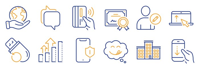 Set of Technology icons, such as Edit user, Smartphone protection. Certificate, save planet. Swipe up, Company, Yummy smile. Messenger, Contactless payment, Analysis graph. Vector
