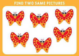 Children  educational game. Find two identical pictures. A set of funny butterflies, find two identical pictures to play. Vector illustration.