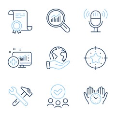 Medical analytics, Microphone and Data analysis line icons set. Diploma certificate, save planet, group of people. Safe time, Spanner tool and Star target signs. Vector